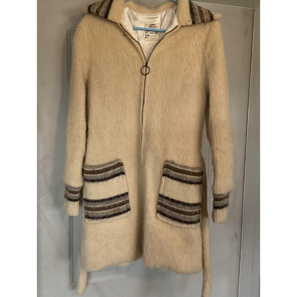 Vintage Curly Product Coat Long Womens Medium Cream Wool Belted Knit Iceland